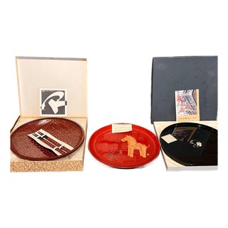 Japanese Vintage Lacquerware Tray Set 3pc Rantai Bamboo Raden Shell Mother Pearl For Sale