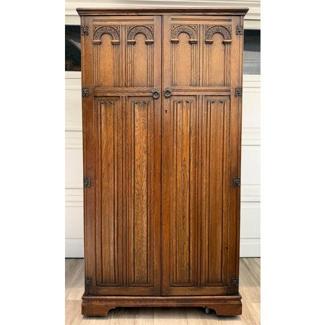 Vintage English Tudor Revival Oak Wardrobe Armoire by Crown Ay Furniture For Sale - Image 16 of 16