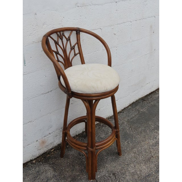 Wood Hollywood Regency Bamboo Rattan Swivel Barstools a Set of Four 6367 For Sale - Image 7 of 18