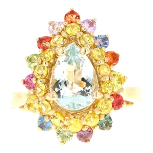 3.35 Carat Pear Cut Aquamarine Sapphire Yellow Gold Cocktail Ring Size 7