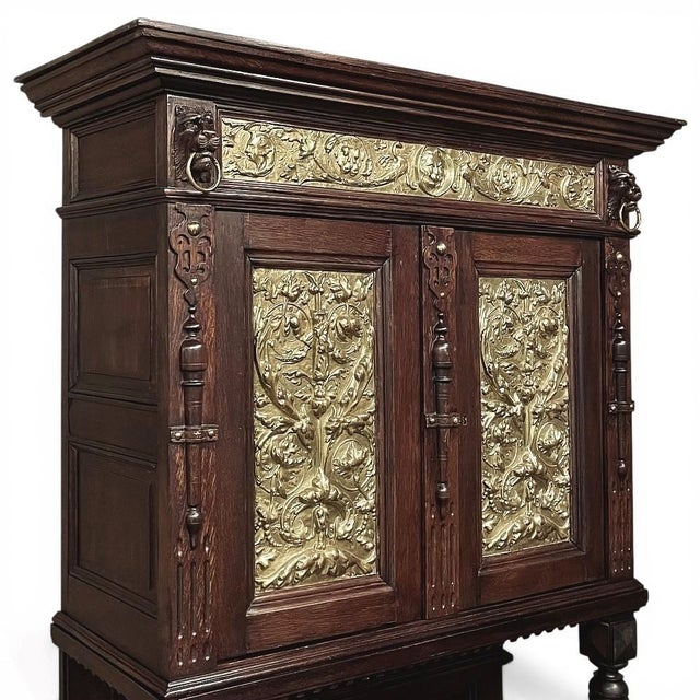 Wood 19th Century Flemish Renaissance Revival Secretary Bookcase in Solid Oak With Embossed Brass Panels For Sale - Image 7 of 13