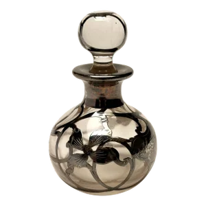 Late 19th Century Art Nouveau Glass With Silver Overlay Perfume Bottle With Stopper