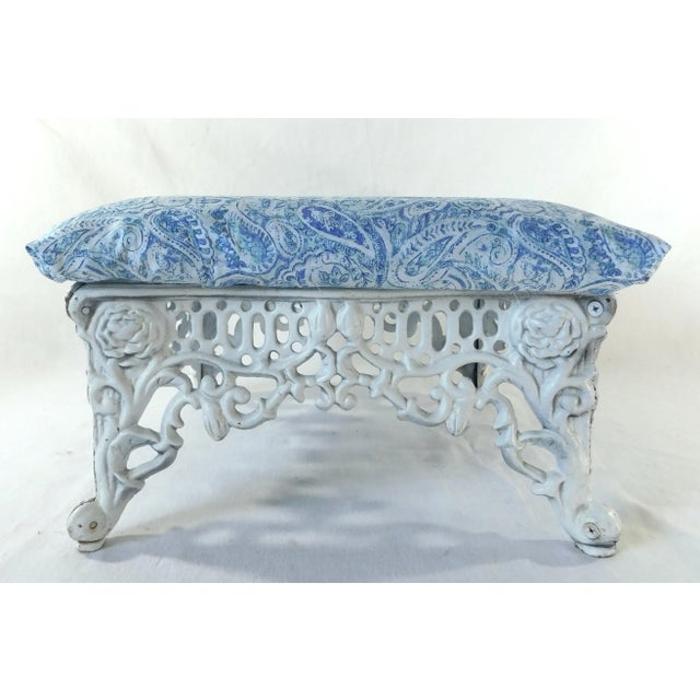 Metal Vintage Mid Century Cast Iron Roses Blue & White Upholstered Footstool For Sale - Image 7 of 8