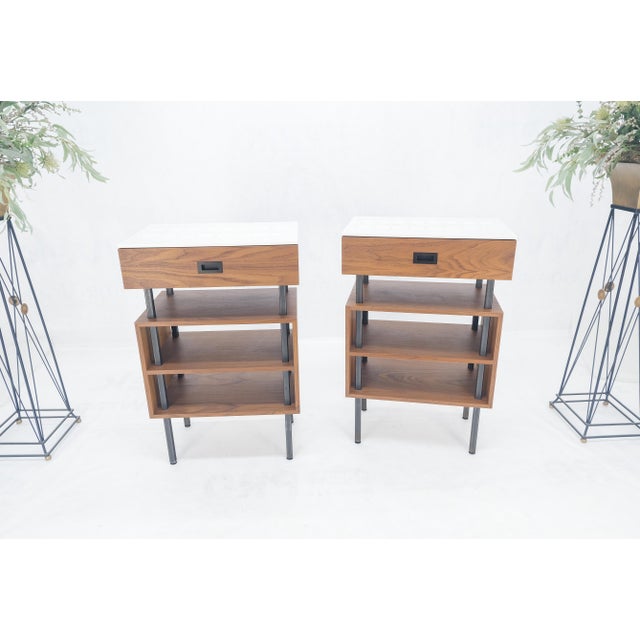 Pair of Oiled Walnut 1 Drawer 3 Tier Side End Tables Stands Composite Top Mint! For Sale - Image 11 of 14