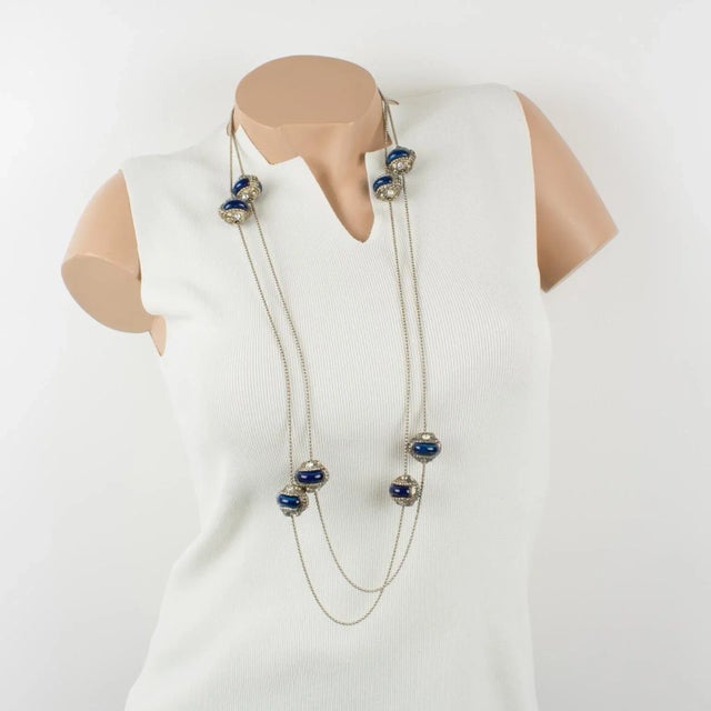 Metal Alexis Lahellec Paris Extra Long Silvered Metal Necklace With Blue Ceramic Beads For Sale - Image 7 of 12