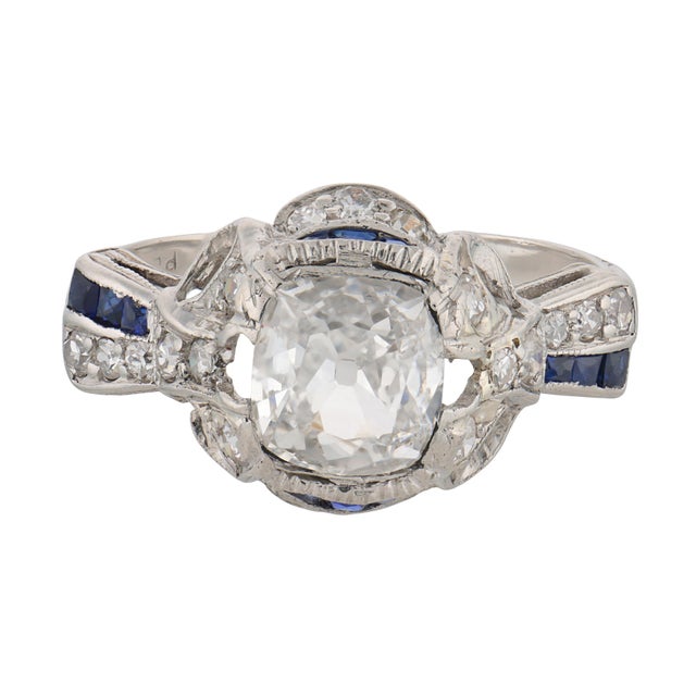 Art Deco 1930s Art Deco Gia 1.18 Carat Diamond Sapphire Platinum Ring, Size 6.5 For Sale - Image 3 of 6