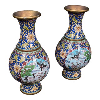 Pair of Vintage Baluster Form Vases, Oriental, Cloisonne, Posy Urn, Circa 1960 For Sale
