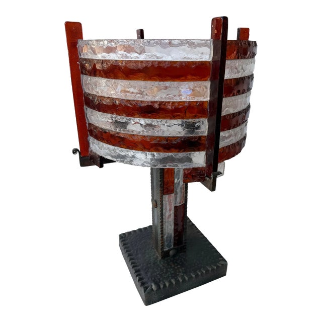 Large Hammered Glass Wrought Iron Lamp by Longobard, Italy, 1970s For Sale