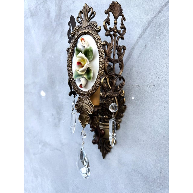 Italian Brass Wall Sconces with Porcelain Roses and Crystal Drops, 1950s, 1920s, Set of 2 For Sale - Image 14 of 16
