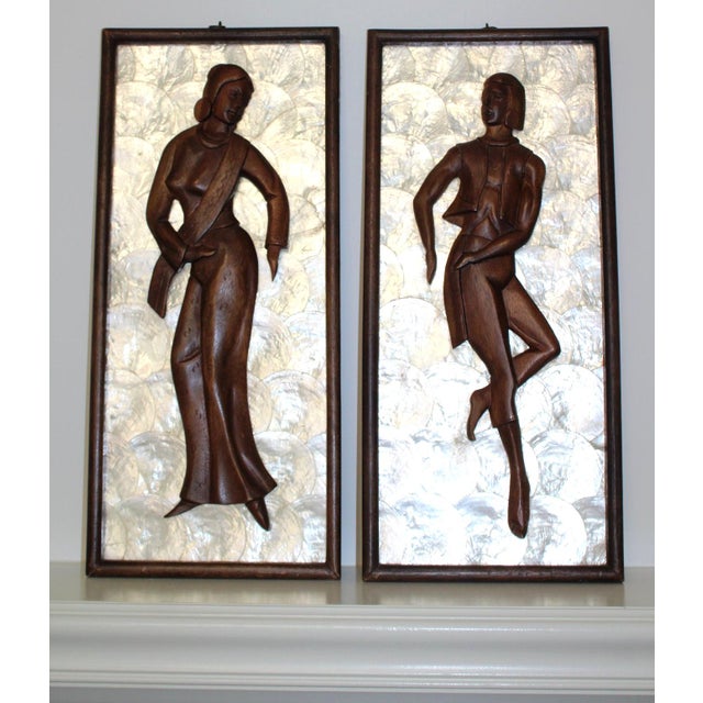 Pair Mid-Century Modern Hand-Carved Wood Figural Relief Wall Panels on Shimmering Capiz Shell Grounds For Sale - Image 17 of 18