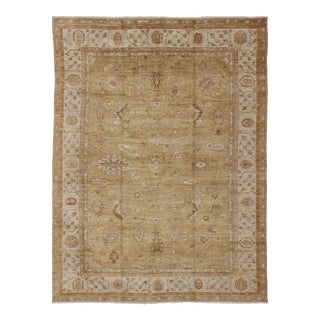 Large Angora Oushak Turkish Rug in Warm Colors of Taupe Soft Gold Brown Cream For Sale