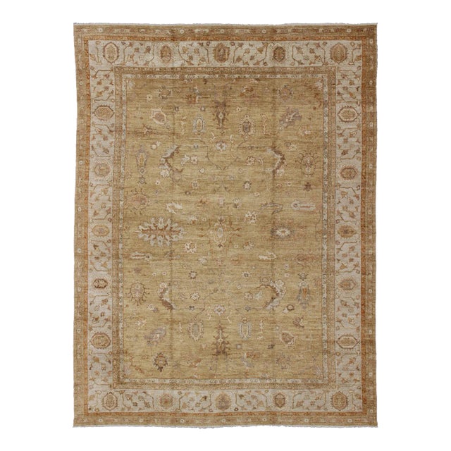 Large Angora Oushak Turkish Rug in Warm Colors of Taupe Soft Gold Brown Cream For Sale