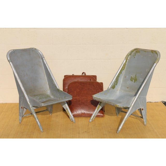 1940s Vintage Leather Airplane Chairs With Riveted Aluminum & Leather Cushions For Sale - Image 5 of 12