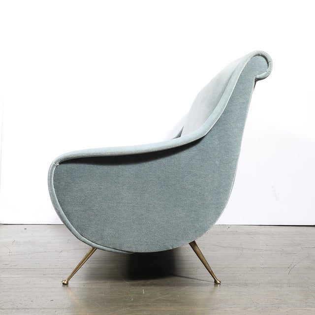 Mid-Century Lady Sofa in Powder Blue Velvet Mohair & Brass Legs by Marco Zanuso For Sale - Image 11 of 16