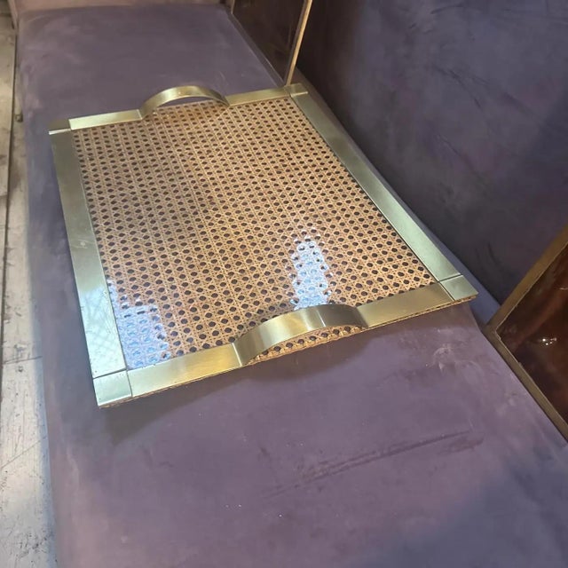 Brass 1970s Dior Home Style Mid-Century Modern Brass and Vienna Straw Serving Tray For Sale - Image 8 of 12
