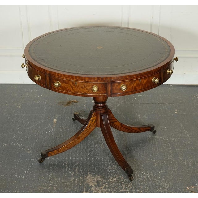 Hollywood Regency Fine Regency Drum Top Library Table with Aged Green Leather Top For Sale - Image 3 of 15
