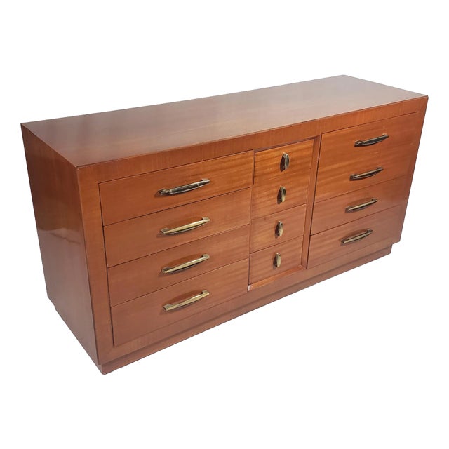 Vintage Original 1950s All Wood 12 Drawer Dresser W/Original Brass Handles and Hidden Bottom Wheels For Sale