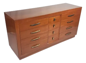 Vintage Original 1950s All Wood 12 Drawer Dresser W/Original Brass Handles and Hidden Bottom Wheels