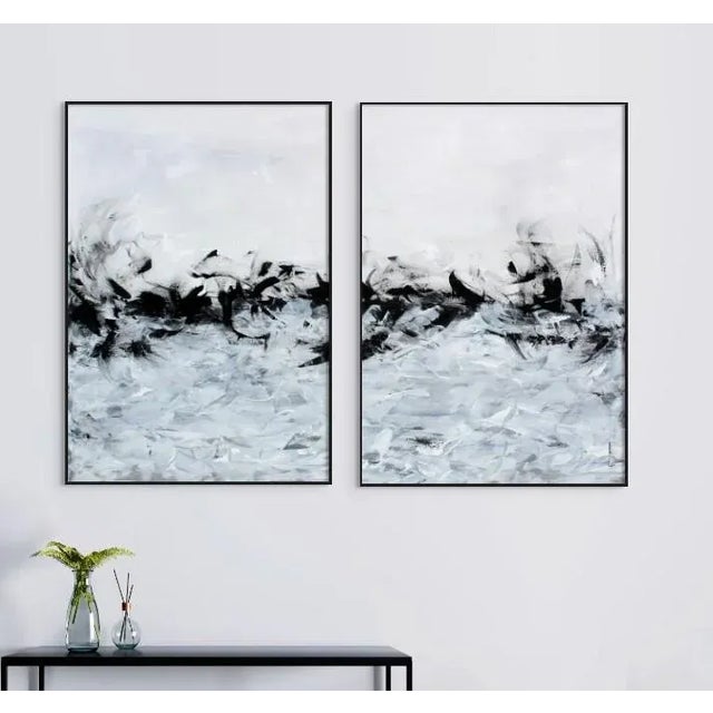 Not Yet Made - Made To Order Black White Modern Abstract Framed Canvas Art Print Large Set For Sale - Image 5 of 7