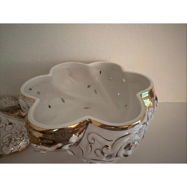 Ceramic Capodimonte Vintage Bernini Footed Porcelain Bowl Gilded With Cherubs For Sale - Image 7 of 9