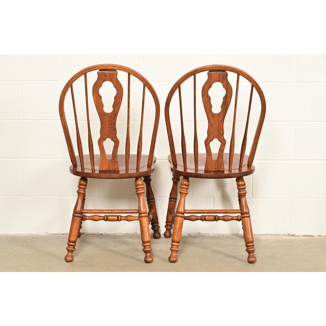 Brown Ethan Allen Style American Colonial Solid Oak Spindle Back Windsor Side Chairs or Dining Chairs, Pair For Sale - Image 8 of 10