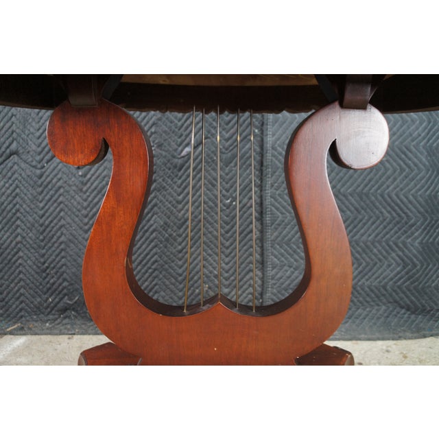 1970s 2 Victorian Revival Cherry Marble Top Lyre Harp Hall Entry Parlor Console Tables For Sale - Image 9 of 13