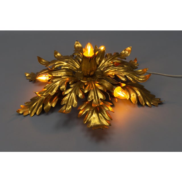 1970s Gilt Metal Leafed Sunburst-Shaped Four-Light Flush Mount, 1970s For Sale - Image 5 of 18