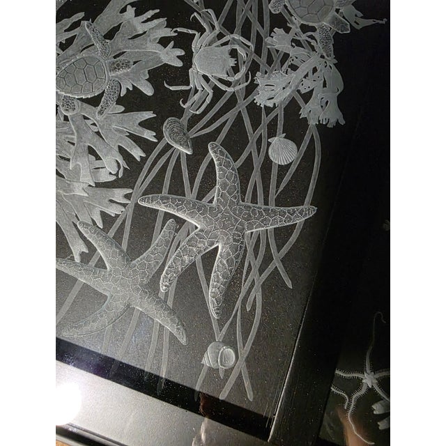 Metal Hand Engraved Sea Life Glass and Metal Coffee Table For Sale - Image 7 of 15