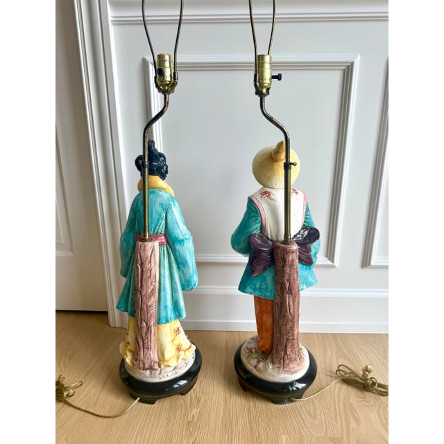 1970s Signed Domenico Poloniato Monumental Italian Chinoiserie Figural Lamps With Original Pagoda Shades - a Pair For Sale - Image 10 of 11