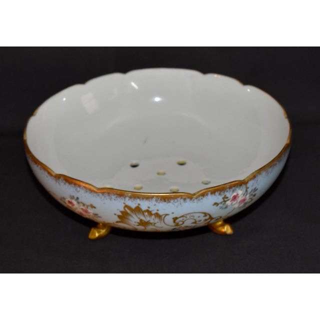 1920s Limoges France Porcelain Colander Antique Berry Bowl Footed Strainer Gilt For Sale - Image 5 of 15