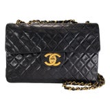 Vintage Chanel 1990s Black Lambskin Leather Quilted XL Jumbo Flap Bag For Sale