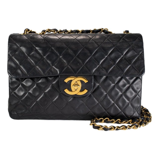 Vintage Chanel 1990s Black Lambskin Leather Quilted XL Jumbo Flap Bag For Sale