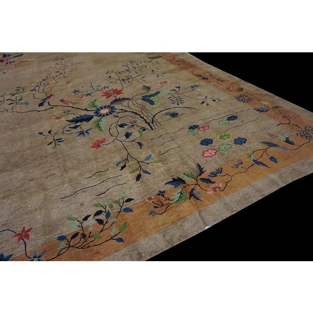 Tan Beige Floral Antique Chinese Art Deco Rectangle Large 1920s Hand Knotted Rug For Sale - Image 8 of 12