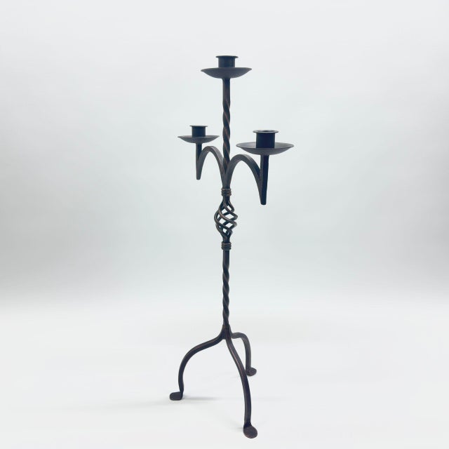 Metal Hand Forged Wrought Iron Candelabra 33″ (83cm) Antique Copper Patina 3-Arm Twist & Basket Design Candle Holder Rustic Fireplace Decor For Sale - Image 7 of 7