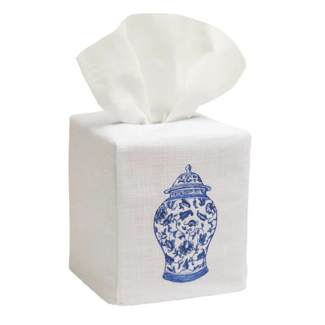 Wide Ginger Jar Tissue Box Cover White Linen & Cotton, Embroidered For Sale - Image 4 of 5