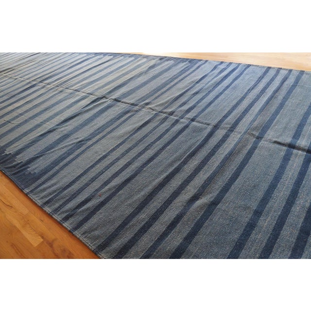 1930s Blue Stripe Antique Indian Cotton Dhurrie Rug 8'2'' X 40'2" Flatweave Carpet For Sale - Image 13 of 13