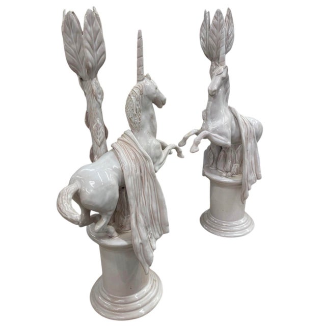 Neoclassical Vintage Ceramic Rearing Unicorn and Leaf Pillar Candleholders For Sale - Image 3 of 12