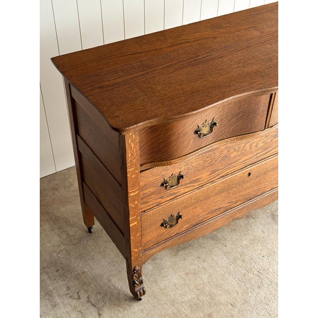Antique Oak Serpentine Chest With Original Casters and Brass Hardware For Sale - Image 11 of 17