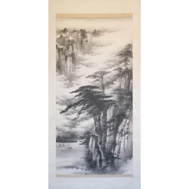 Japanese XL 1900-1940s Ink Landscape by Keihou, Japanese Scroll Painting For Sale - Image 3 of 15
