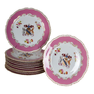 1830 Rockingham Porcelain Dinner Plates, Earl of Derby Coat of Arms - Set of 12