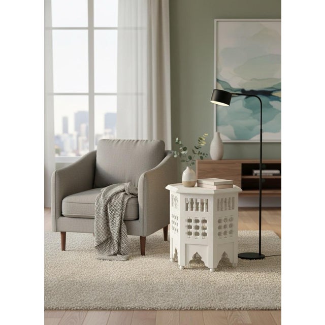 White Hand-Carved Moroccan Octagonal Side Table For Sale - Image 8 of 9