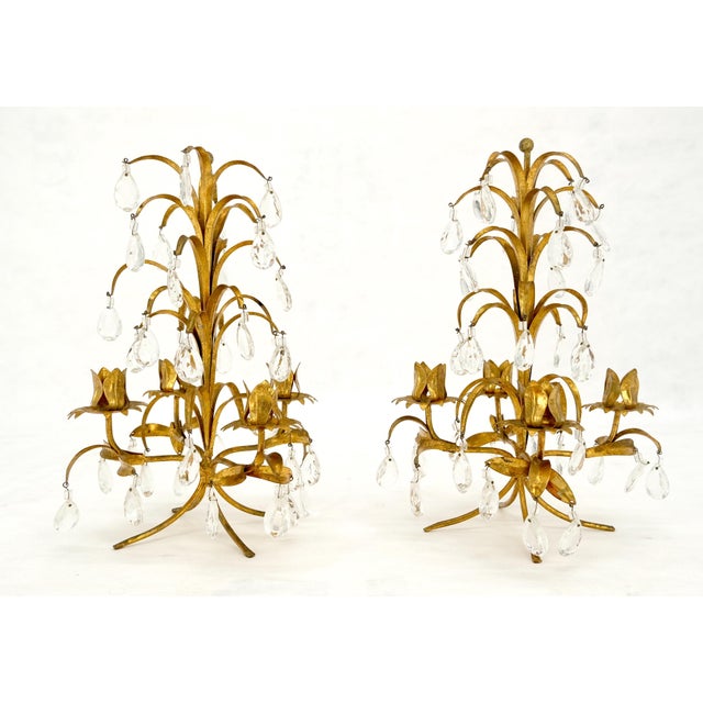 Decorative Italian Gold Gilt Metal & Crystals Candle Stands MINT