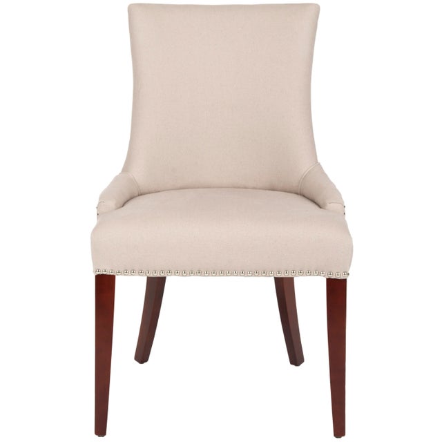 19''H Linen Dining Chair With Silver Nailheads in Taupe & Cherry Mahogany For Sale - Image 11 of 11