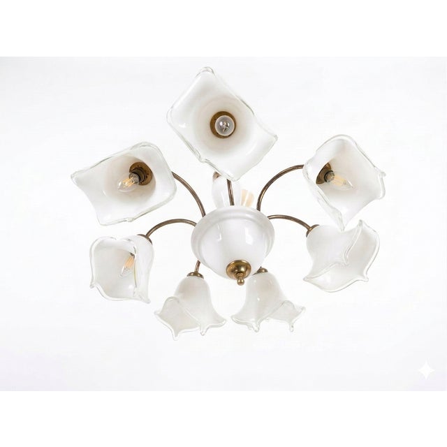 Mid-Century Modern Mid-Century Modern Italian Murano White Opaline Glass and Brass Chandelier, 1950s For Sale - Image 3 of 4