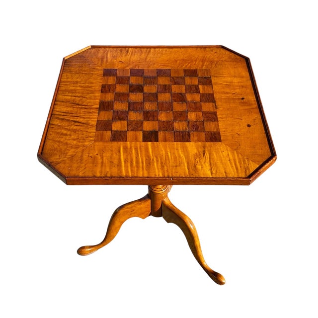 Antique Queen Anne Tiger Maple and Walnut Tilt Top Table With Checkerboard Top For Sale - Image 4 of 11