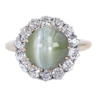 14k Cat Eye Diamond Ring Womens Vintage Halo Elegant Old Money Minimalist, Size 5.25 For Sale