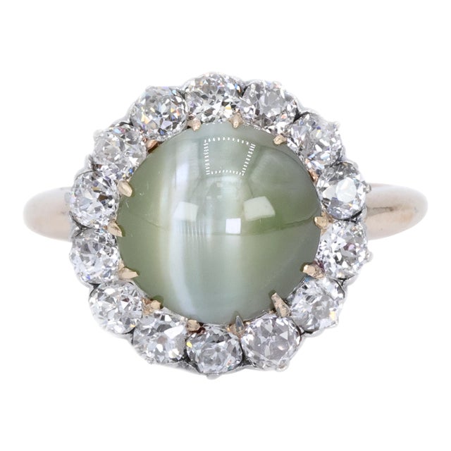14k Cat Eye Diamond Ring Womens Vintage Halo Elegant Old Money Minimalist, Size 5.25 For Sale