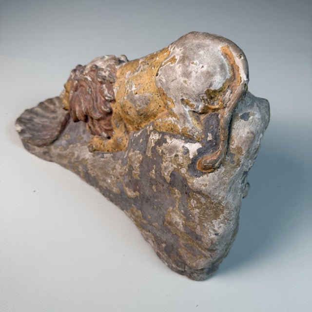 Stone Lion Sculpture with Shell, 1800s, Paint and Stone For Sale - Image 10 of 17
