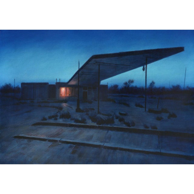 Station Blue by Mark Harrison | Oil on linen of an abandoned gas station at dusk For Sale - Image 4 of 4