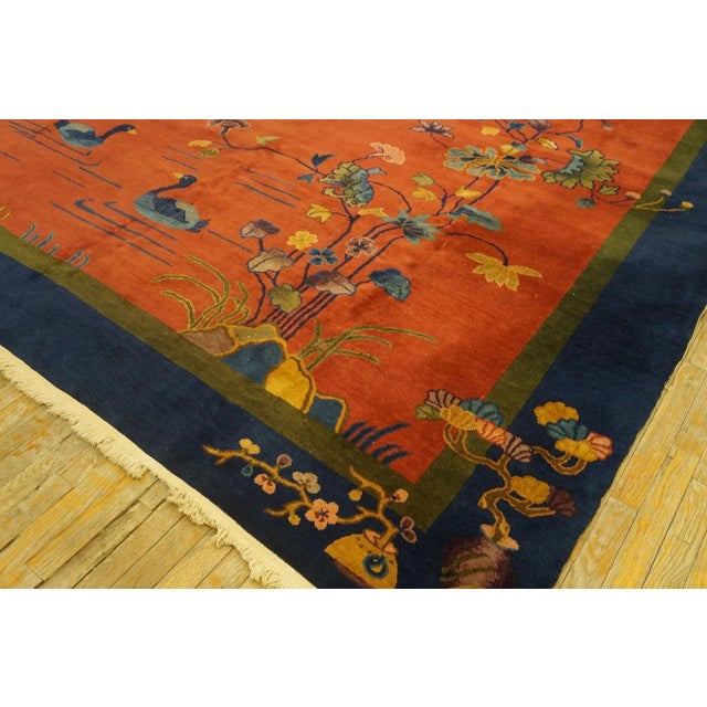 1920s Red Rustic Swan Floral Antique Chinese Art Deco Carpet 9' X 11'10" Knotted Wool Rug For Sale - Image 9 of 12